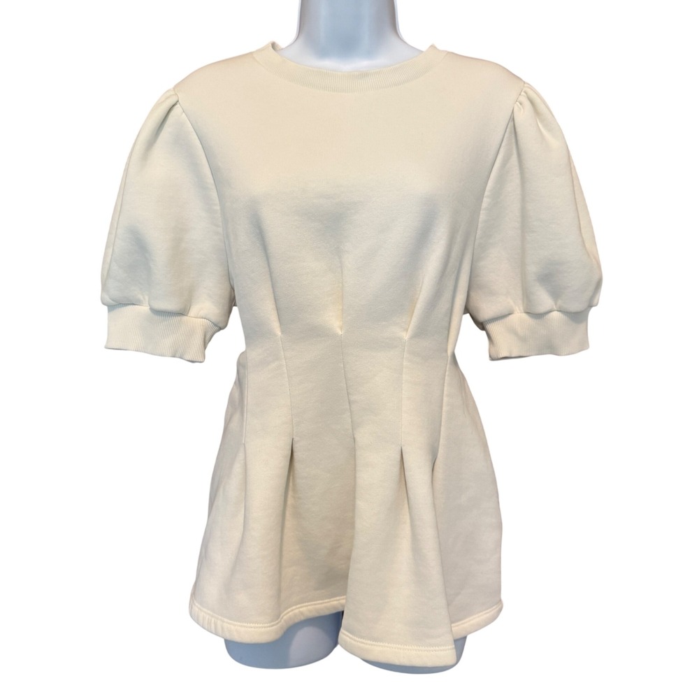 Maeve Puff Sleeve Sweatshirt L Cream Pleated Waist Peplum Top Preppy Soft Girl